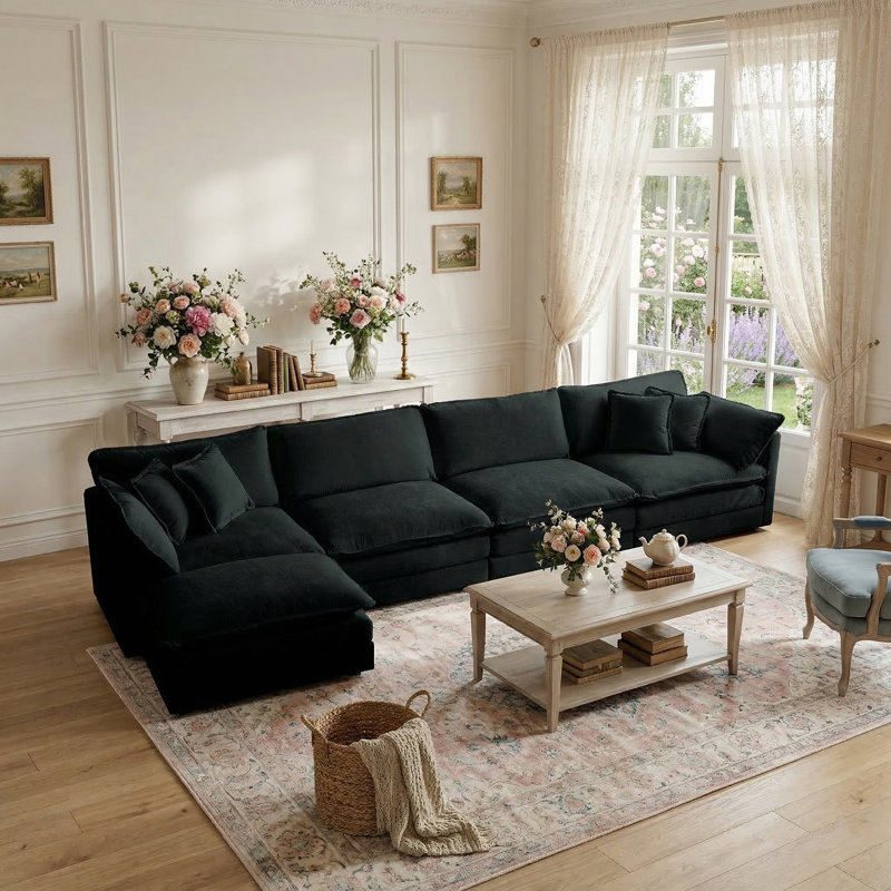 146" Upholstery Modular Sectional Set, Black Chenille