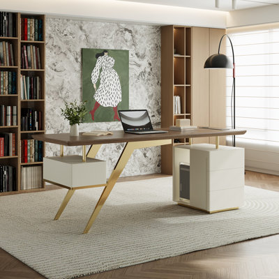 Luxury Walnut Finish Desk With Gold Legs Dual Storage And Wireless Charging