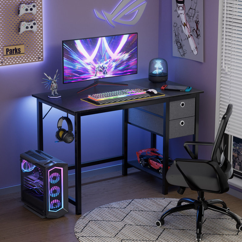 Bureau d'ordinateur avec 2 tiroirs en tissu et crochet pour casque, H 29,7 po x l 40 po x P 23,6 po, Noir, noir, noir, noir