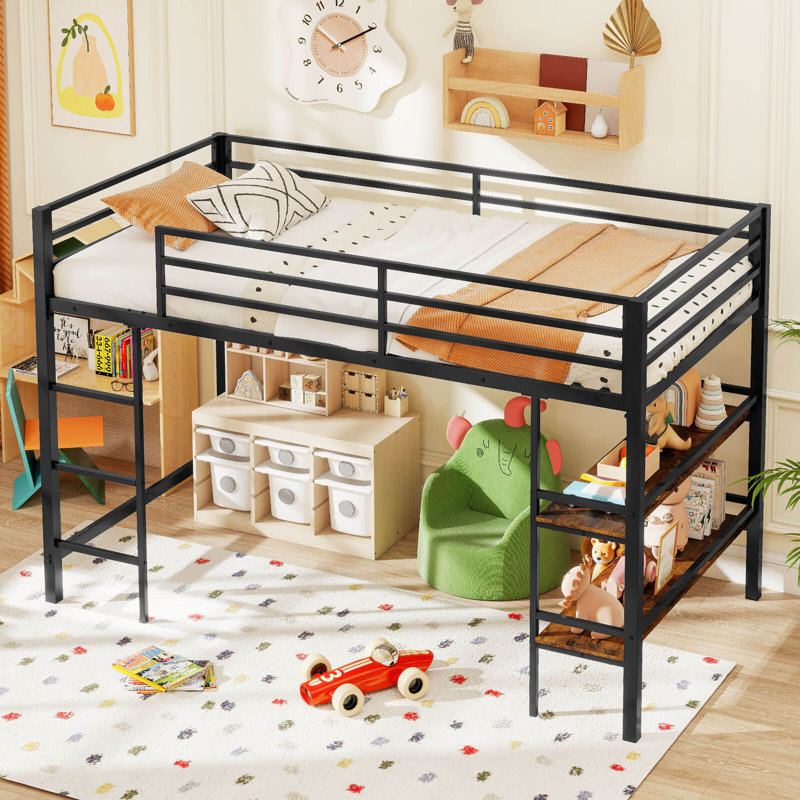 Twin Size Low Loft Bed with Storage Shelves Ladder Full-length Guardrails, Black