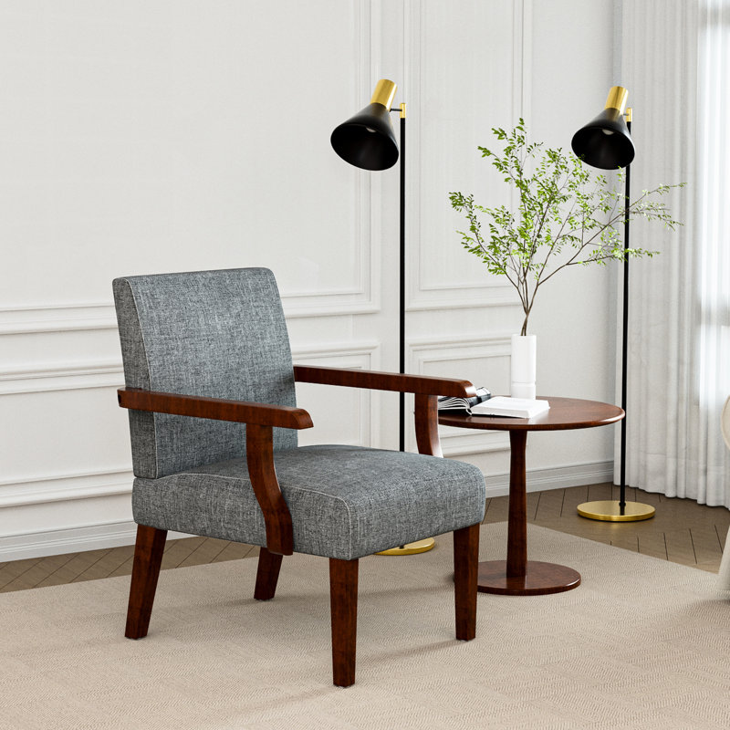 Chaise d'appoint contemporaine avec bureau rond en bois - accoudoirs en tissu gris dans la table et structure en bois massif pour la chambre à coucher
