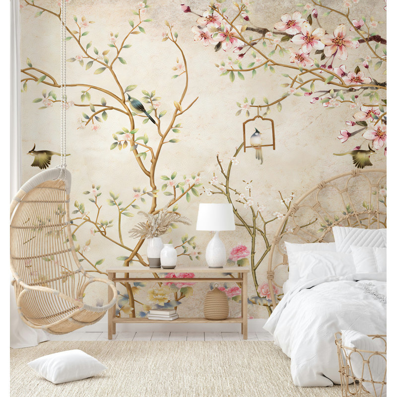 Papier peint rétro avec cage à oiseaux Cherry Blossom, L 75 po x l 112 po