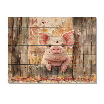 Pig Portrait At The Barn - Pig Animal Wood Wall Decor - On Natural Pine Wood