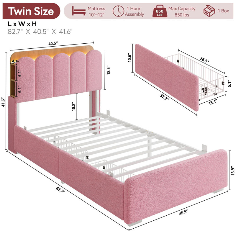 Pink Upholstered Twin Bed Frame with Storage Shelves, LED Lights and Outlet for Girls Bedroom