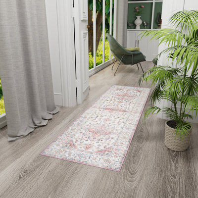 HGTV Everyday Chic Machine Washable Indoor Rug, Printed Soft Flannel Polyester with Non-Slip Backing,  Zahra Pink 2x6