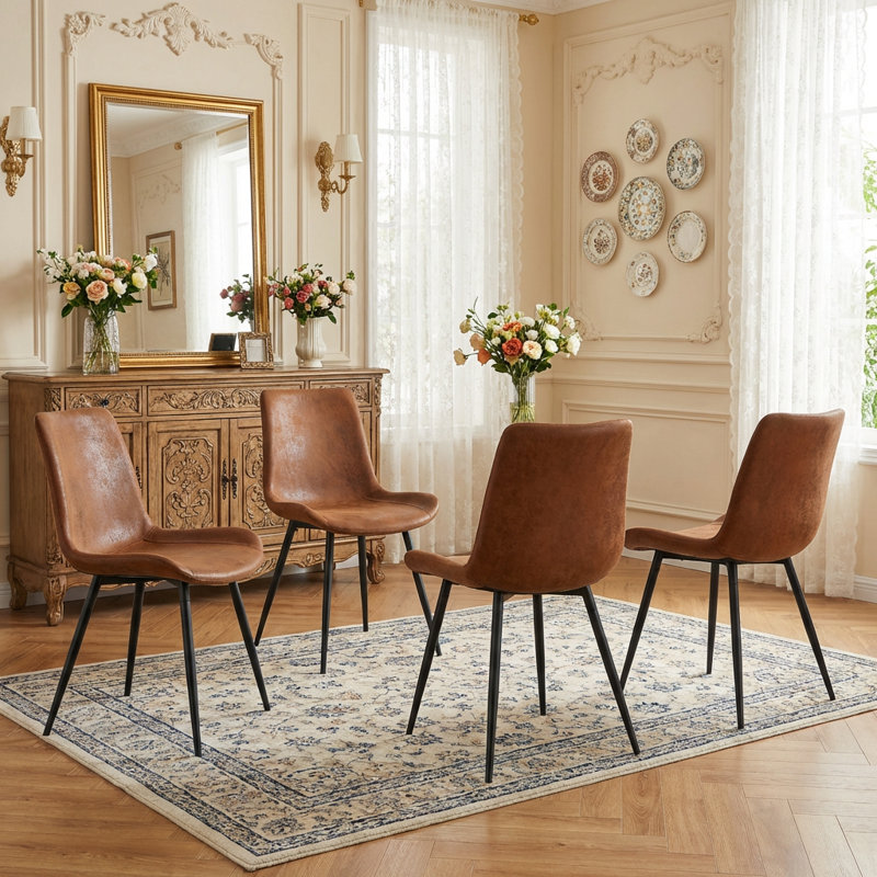 Upholstered Dining Chair with Carbon Steel Legs (Set of 4), Brown, 4
