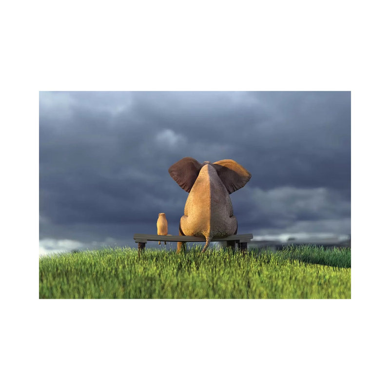 Elephant And Dog Sit On Green Grass Field by Mike Kiev - Print on Canvas, Wrapped Canvas, 30.48 cm H x 45.72 cm W