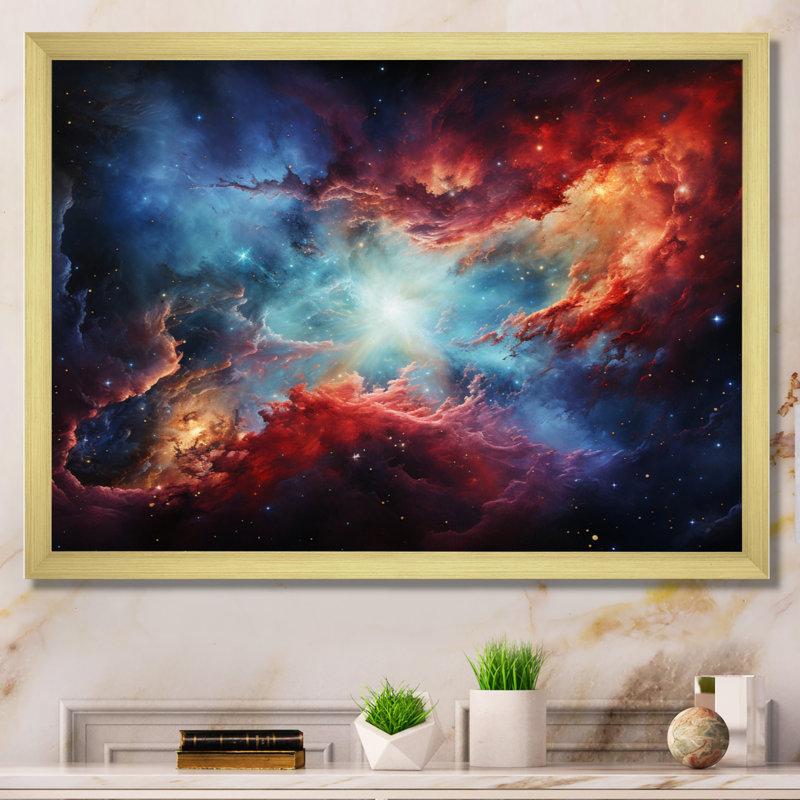 Rêve galaxie astronomique orange bleu sur toile, Encadrement doré, H 34 po x l 44 po x P 1,5 po