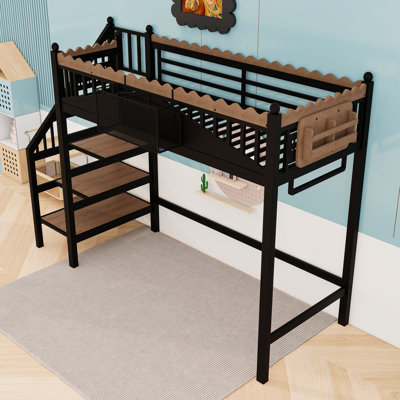 Metal Loft Bed with Bookcase and Storage Stairs