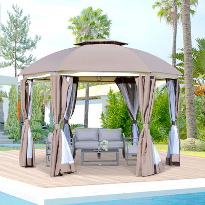 Abri de jardin rond rond, abri de jardin à dôme de patio avec double toit, parois et rideaux en filet, portes à fermeture à glissière, structure en acier robuste