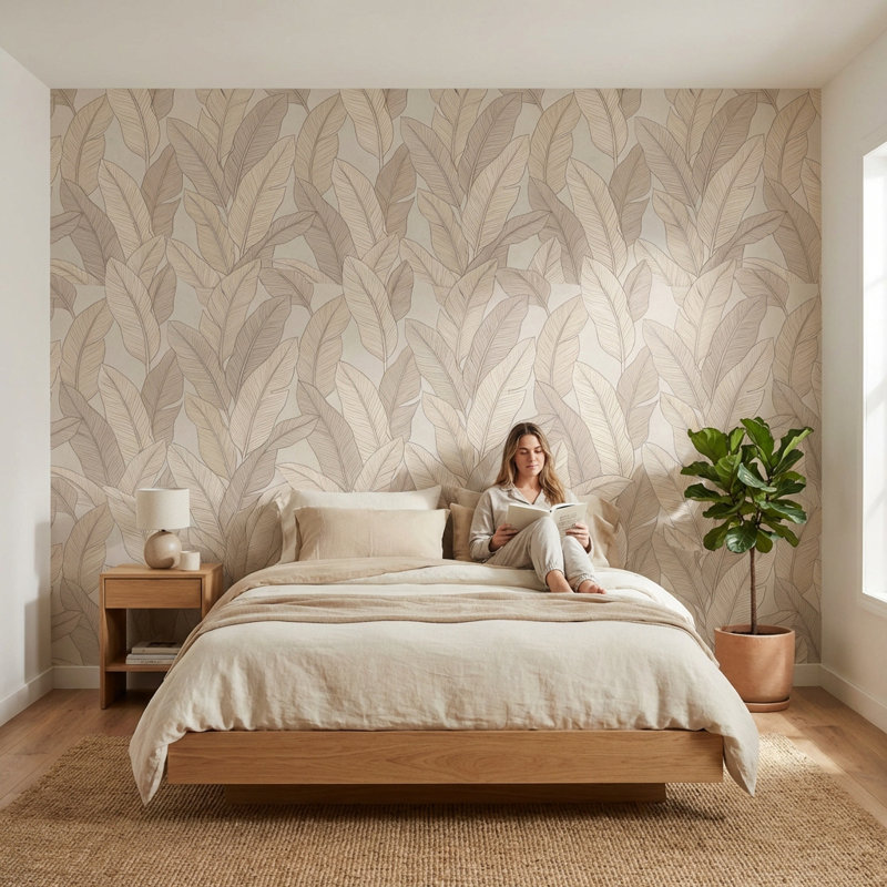 Papier peint à feuilles beige, décoration murale minimaliste moderne, 200 po x 120 po, Peler et coller