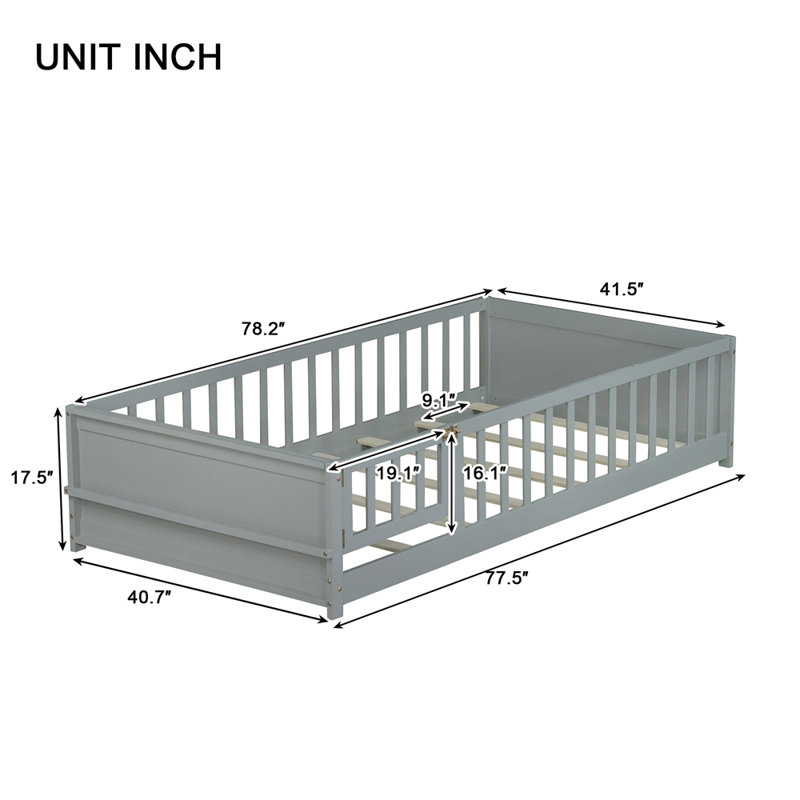 Twin Size Floor Bed with Built-in Book Rack and Door, Gray