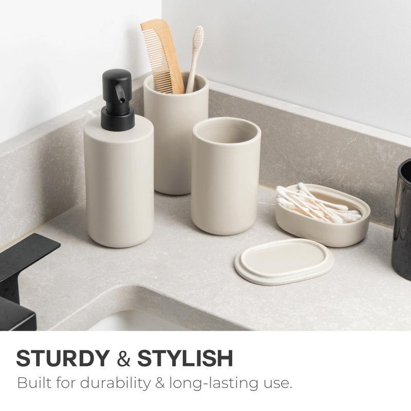 Ensembles d'accessoires de salle de bain beige, ensemble complet d'accessoires de salle de bain 4 pièces, ensemble de comptoir de meuble-lavabo, pompe à savon avec distributeur de lotion, gobelet, porte-brosse à dents, support Cotton Swab