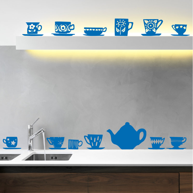Décalcomanie murale tasses de thé, H 23 po x l 24 po x P 0,01 po, Bleu azur