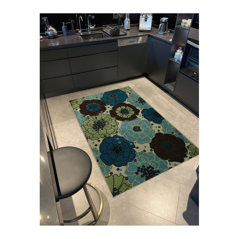 Tapis décoratif vert à motif floral, Tapis de couloir 2 pi 6 po x 9 pi 10 po inclus