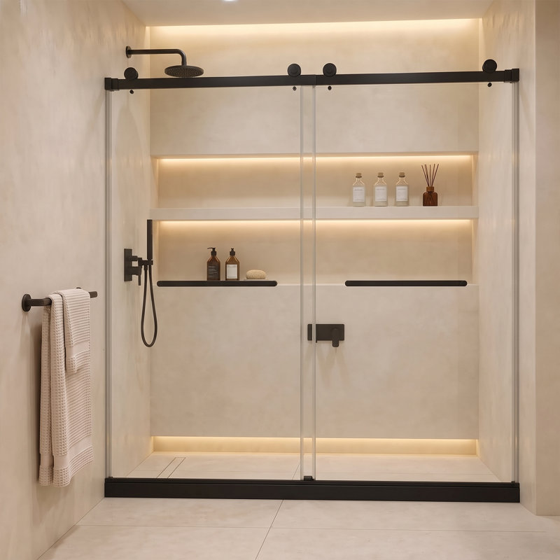 Porte de douche coulissante double sans cadre l 54 po x H 80 po, noir, Noir