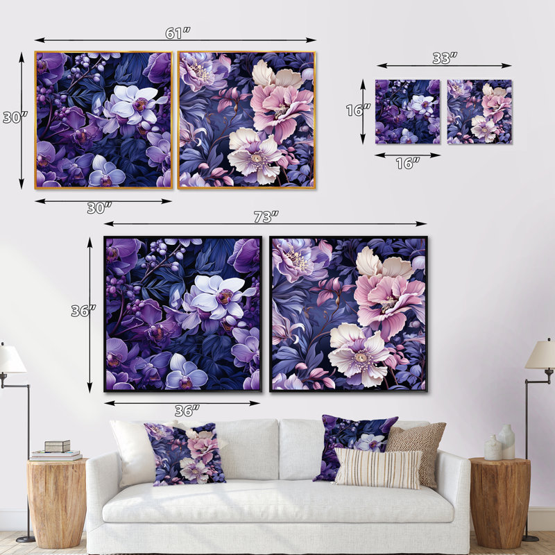 Clabern - Ensemble de 2 collages carrés floraux, Cadre flottant noir, H 30 po x l 61 po