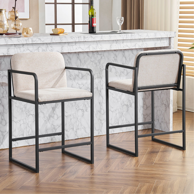 Set Of 2 Modern Upholstered Counter Height Bar Stools With Armrests, Metal Frame, Padded Seat For Comfortable Dining