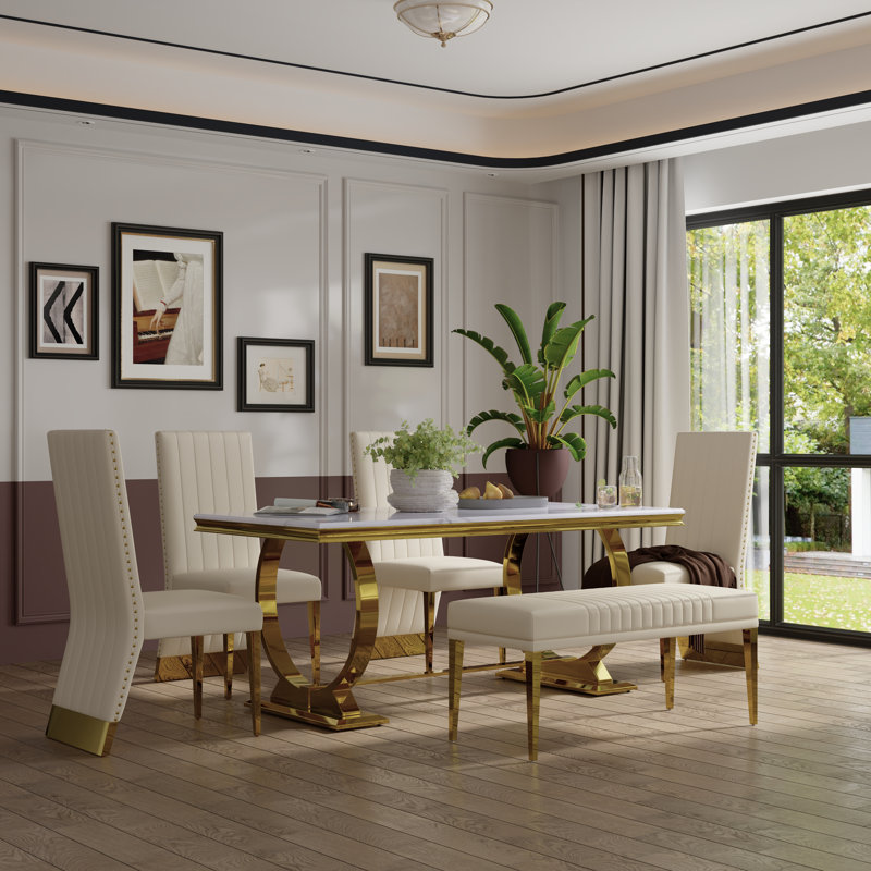 Ensemble de table de salle à manger 6 pièces blanc et doré avec banc et 4 chaises en cuir blanc