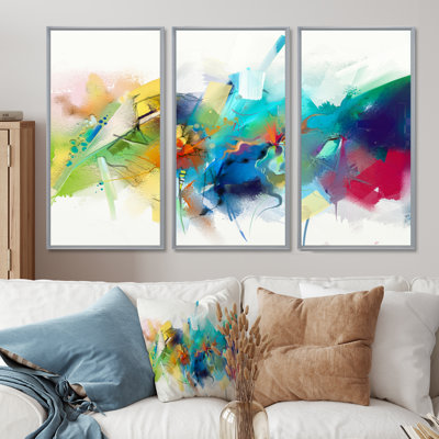 «Brush Stroke Colorful», peinture à l'huile sur toile, ensemble d'art mural contemporain encadré de 3