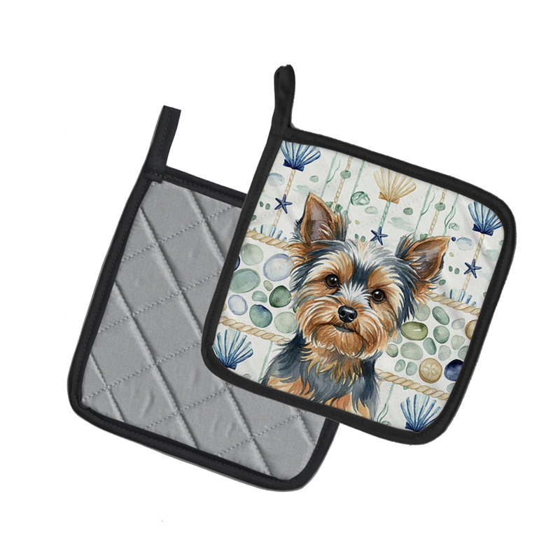 Paire de poignées en verre bleu et brun clair Yorkshire Terrier