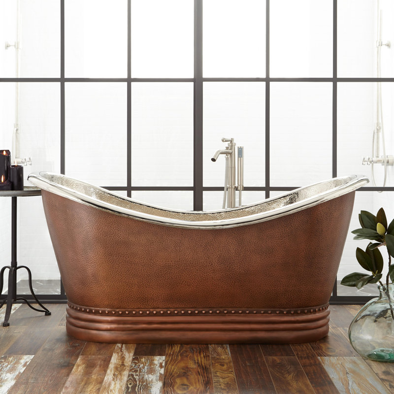 Paige 66" Copper Double Slipper Pedestal Tub with Pre-Drilled Overflow and Rolled Rim, Brushed Nickel