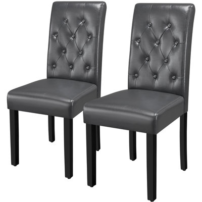 Button Tufted Padded Faux Leather Dining Chair with Solid Wood Legs