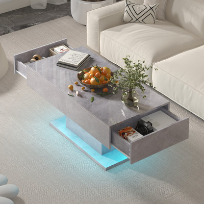 Modern High Gloss Coffee Table with Storage, 2 Drawers & LED Lights for Living Room