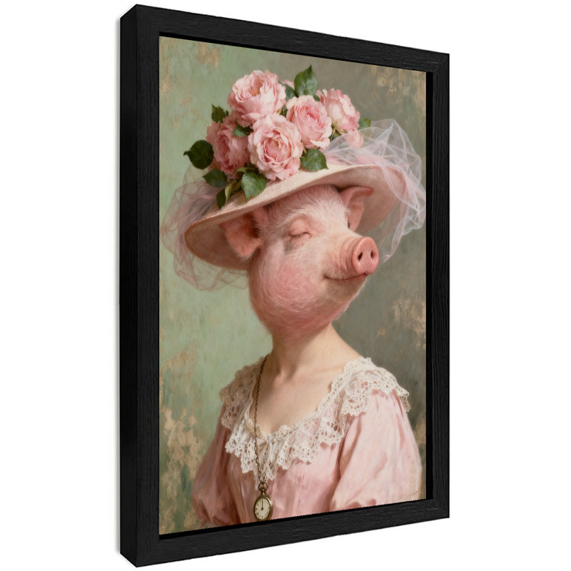 Art encadré noir avec cochon rose rétro, H 11 po x l 9 po