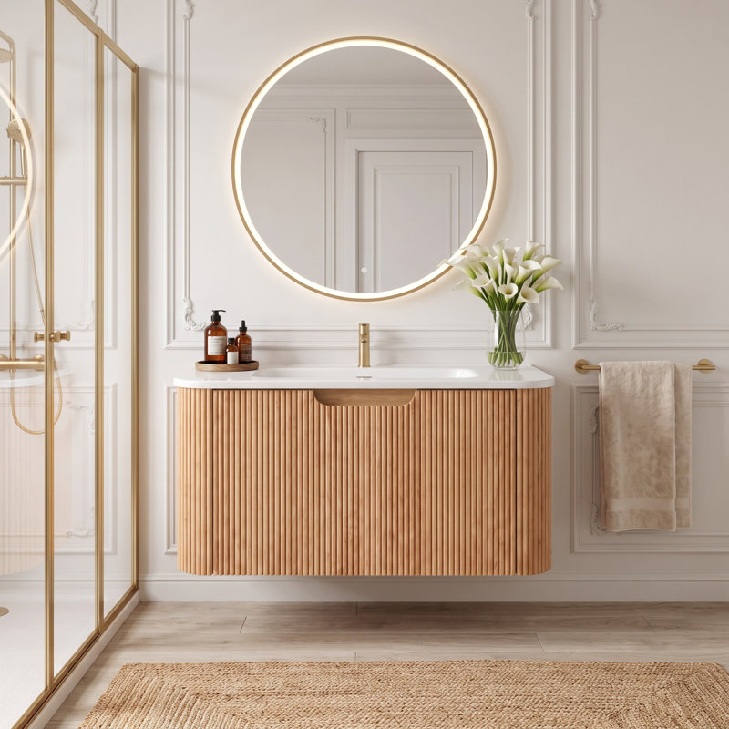 Ensemble de meuble-lavabo simple flottant 30 po avec tiroir en céramique blanc à finition en bois naturel