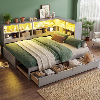 Lit de jour simple TG à très grand lit avec deux tiroirs de rangement, armoires de rangement à DEL et ports USB, gris