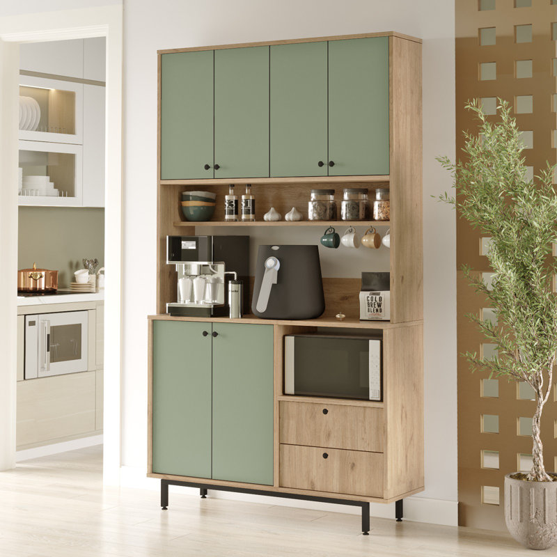 Modern Multi-Purpose Cabinet with Metal Legs, Oak & Green, 47.2 x 80.7 x 14.0 inches | 100% Melamine Coated Particle Board, Thickness: 0.7 inches | Numerous Shelves, Wall-Mountable, Scandinavian Design for Stylish Storage