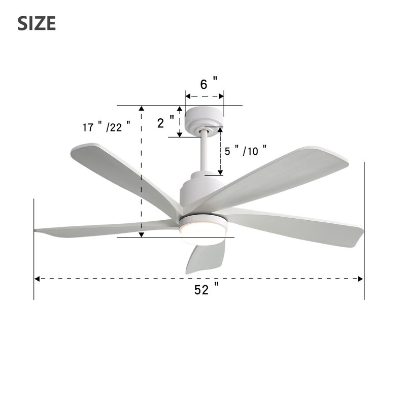 Ventilateur de plafond 52 po avec 5 pales en bois massif et télécommande, Blanc