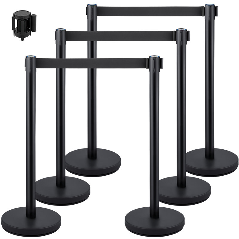 Foyers de contrôle des foules, paquet de 6 barrières de contrôle des foules à base solide avec 3 courroies rétractables noires de 6 PCS, poteau de queue de poteau noir, ensemble de poteaux de séparation