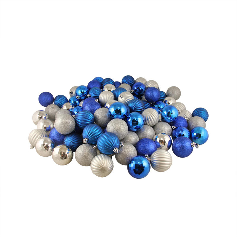 100 boules de Noël incassables à 3 finitions 100 po 2,5 po (60 mm), Argent / Bleu
