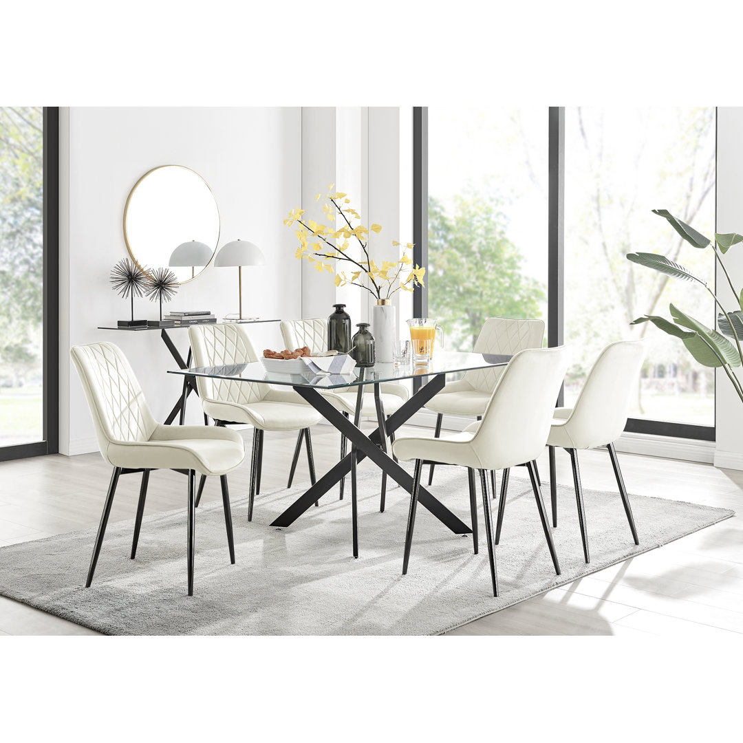 Lenworth Modern Black Metal and Glass Dining Table Set with 6 Velvet Upholstered Dining Chairs East Urban Home