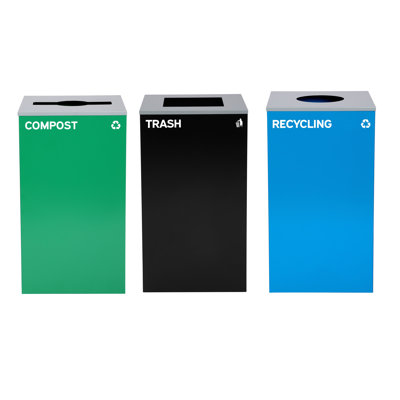 Ensemble de poubelles à ouverture supérieure en acier de 110 litres (29 gallons) pour le recyclage, le compost et les déchets, avec couvercles carré, mixte et rond.