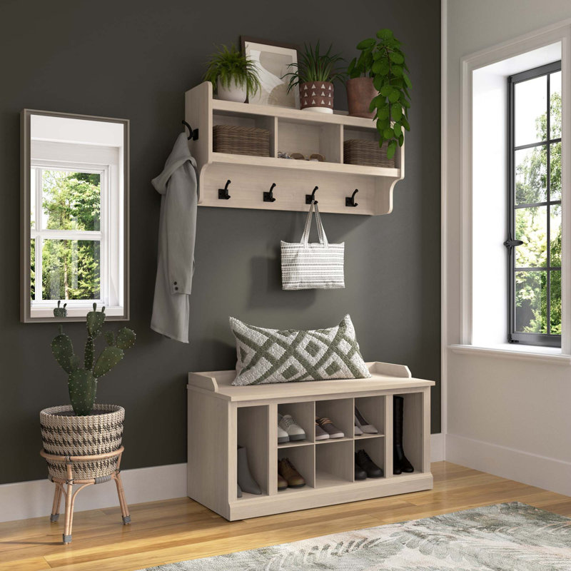 Nara Hall Tree with Bench and Shoe Storage, White Washed Maple
