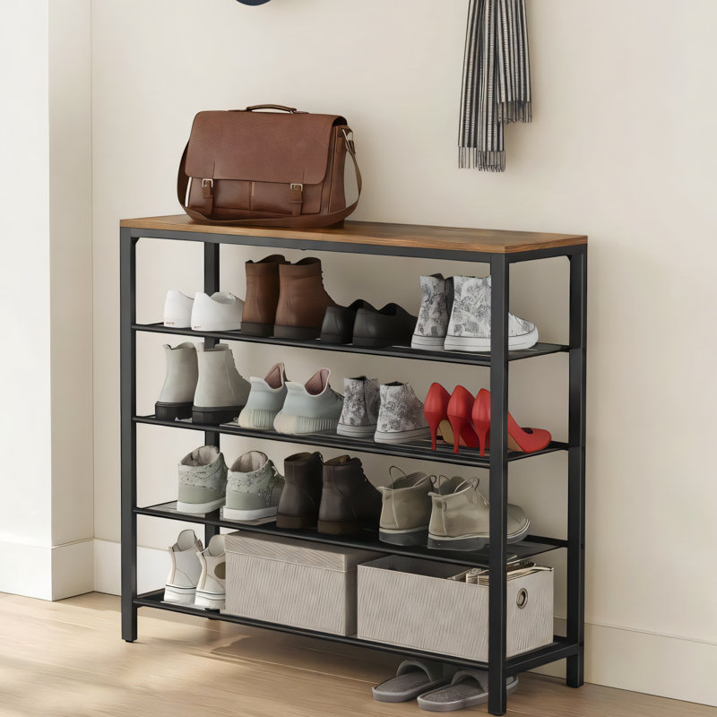 Five-Tier Metal Mesh Shoe Rack, Can Store 20 Pairs Of Shoes, With A Countertop For Bags, Retro Brown And Black Industrial Style Entryway Design.