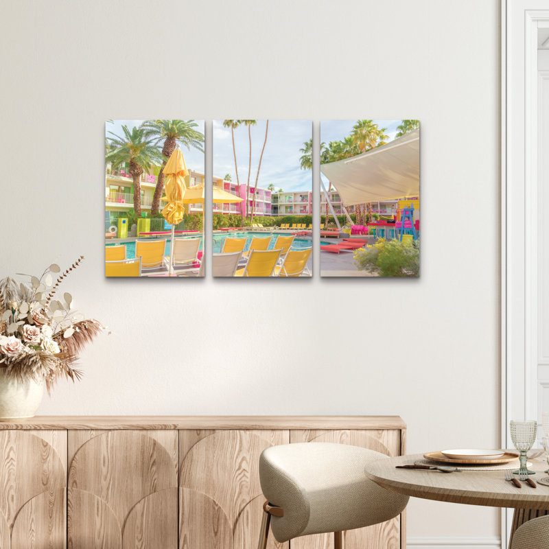 Ensemble de 3 panneaux d'art mural - Tom Windeknecht «Poolside at the Saguaro Hotel - Palm Springs», art mural sur toile pour le salon, la chambre à coucher ou le bureau 