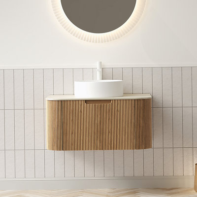 Meuble-lavabo flottant de 30 po avec lavabo en céramique blanc, plateau en pierre frittée et armoire de rangement en contreplaqué, finition grain de bois naturel