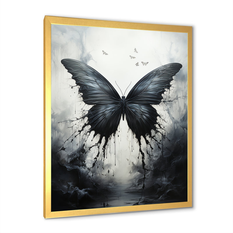 Papillon - Métamorphose monochrome - Décoration murale papillon, Cadre doré simple, H 32 po x l 16 po x P 1 po