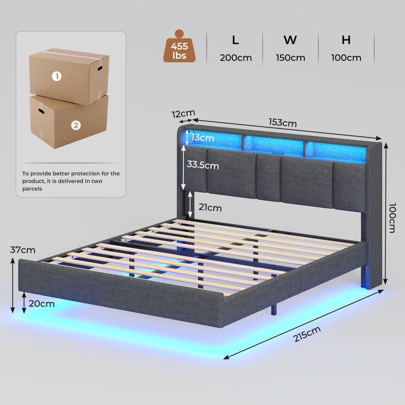 Upholstered Bed Frame with Storage Headboard - Platform Floating Design, Kingsize (5'), Dark Grey