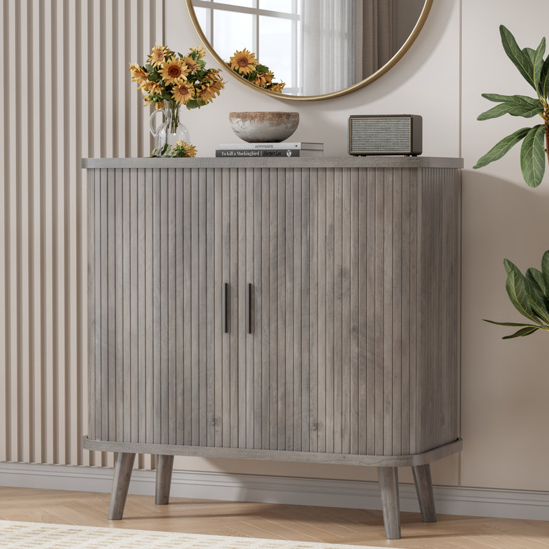 Sliding Louvered Door Side Cabinet with Adjustable Shelves and Curved Side Panels Modern Minimalist Storage Solution, Gray