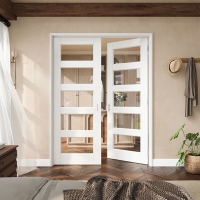 Porte française en verre transparent 60 po x 80 po à 5 lumières avec charnières argentées, plaque de porte en verre transparent avec cadre, porte intérieure française comme porte de garde-manger, porte de chambre à coucher, porte de buanderie, portes de placard, portes de chambre, loquet et poignée de porte inclus