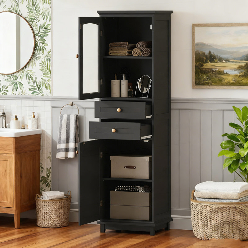 Grande armoire 63 pouces Bransford avec portes en verre, tablettes réglables et deux tiroirs pour une présentation et une organisation élégantes.