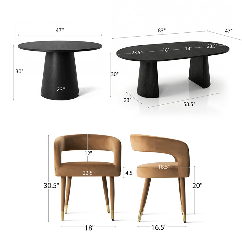 Modern 47"-83" Extendable Dining Table Set With Upholstered Velvet Dining Arm Chairs, 7 Pieces: Table, 6 Chairs, Camel