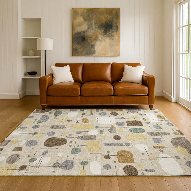 Tapis géométrique lavable à la machine de qualité supérieure Mayfield AMF2393, Beige, 10 pi x 14 pi