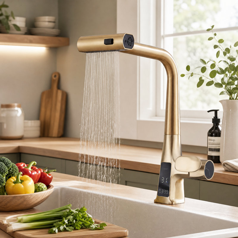 Robinet de cuisine avec douchette extractible, poignée unique à effet cascade avec affichage de la température et 3 modes de débit
