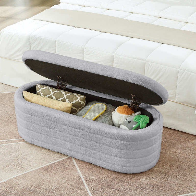 Modern Oval Storage Ottoman Bench, Upholstered Fabric End of Bed Storage Bench Aesthetic Large Foot of Bed Storage Bench for Bedroom Living Room Entryway